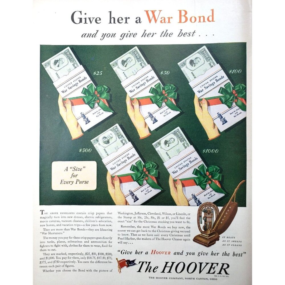 PRINT AD 1943 Hoover Vacuum Christmas Giver Her a War Bond or Stamps 10.5x13